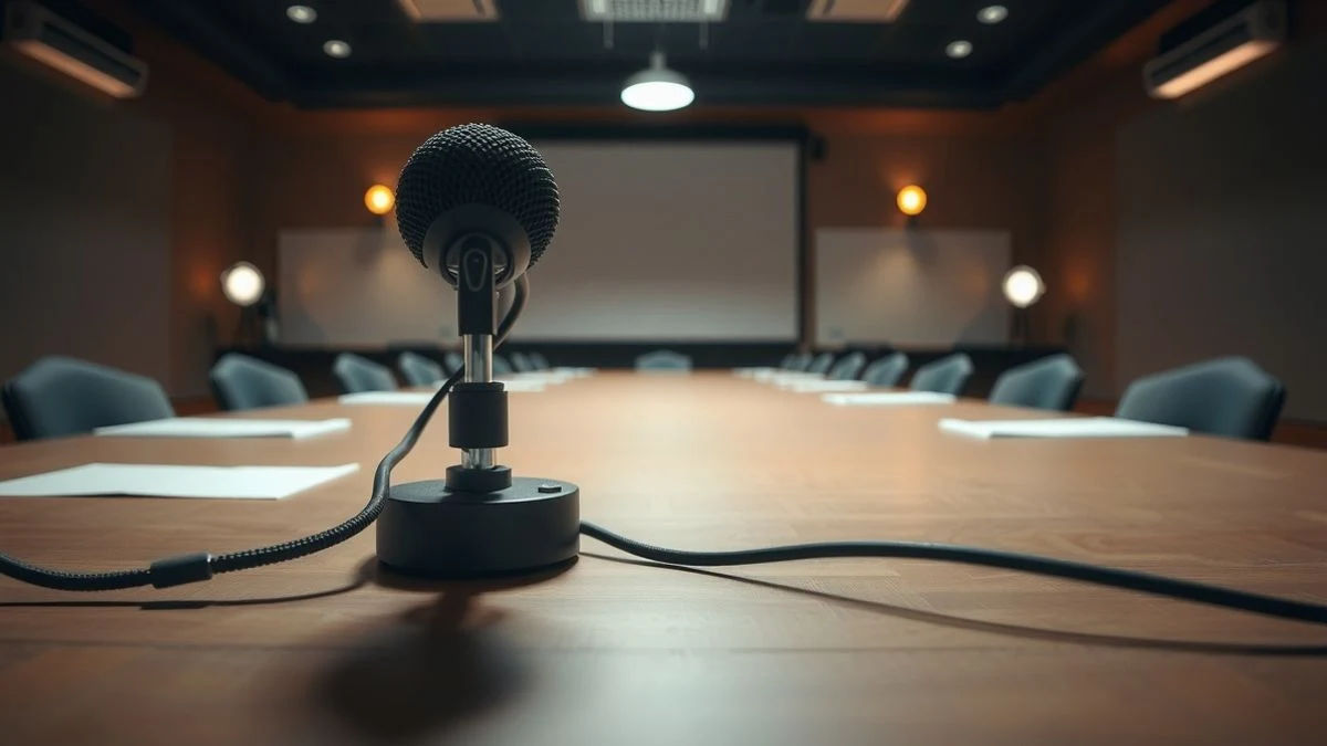 Illustrative image: Close-up of a microphone on an empty debate table in a TV studio, with a podium and lights off in the background.