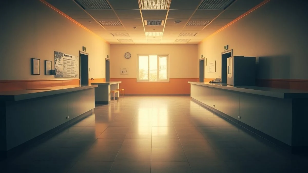 Empty Social Security office window with sunset light