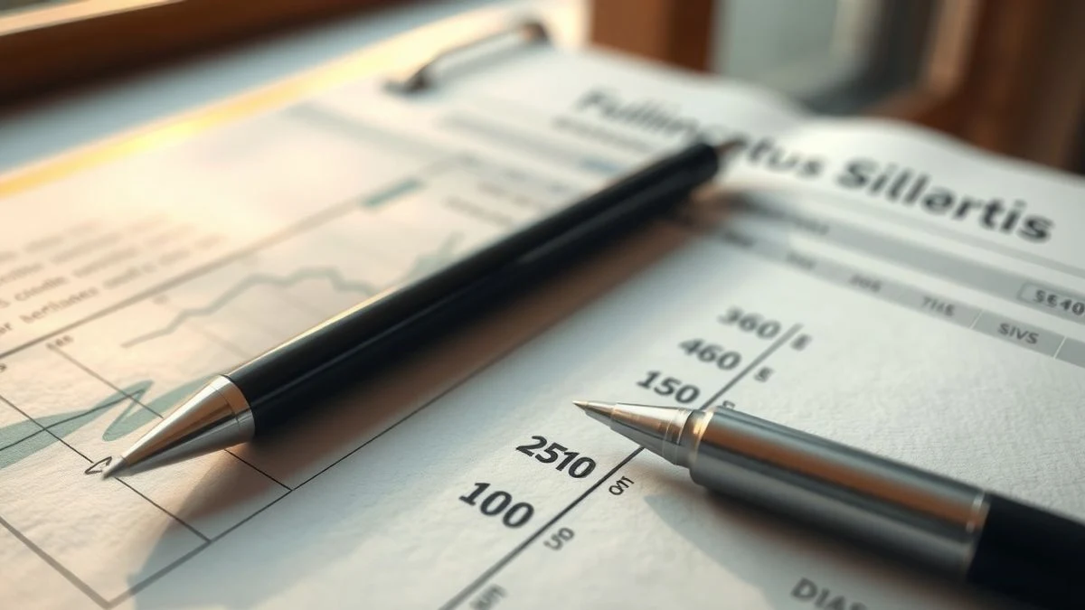 Illustrative image: close-up of a financial document with numbers and a pen on a wooden table, illuminated by natural light.