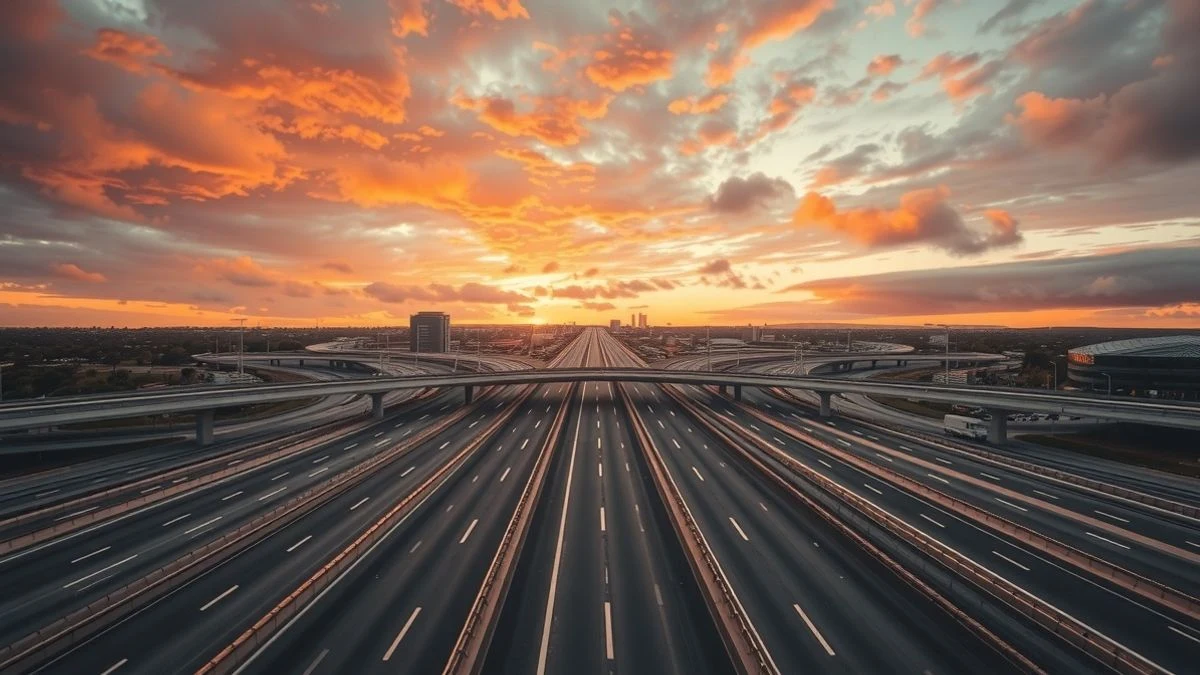 Andalusian highway at sunset with light traffic and converging infrastructure lines
