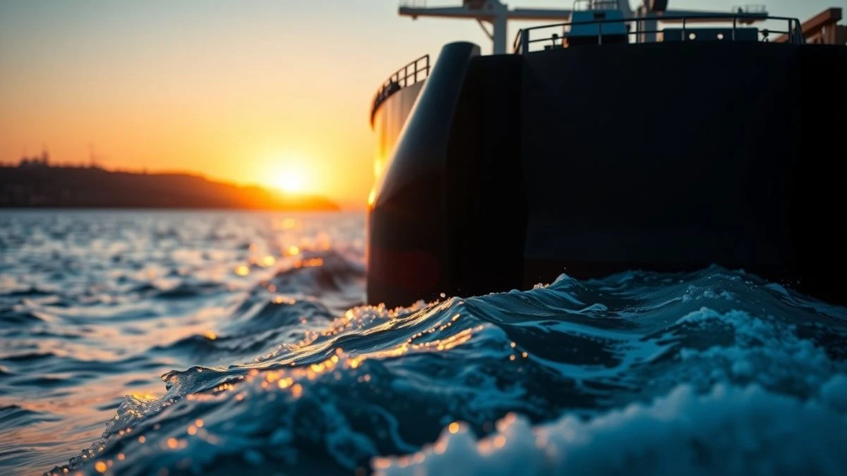 Bow of an oil tanker sailing in the Strait of Hormuz at sunset