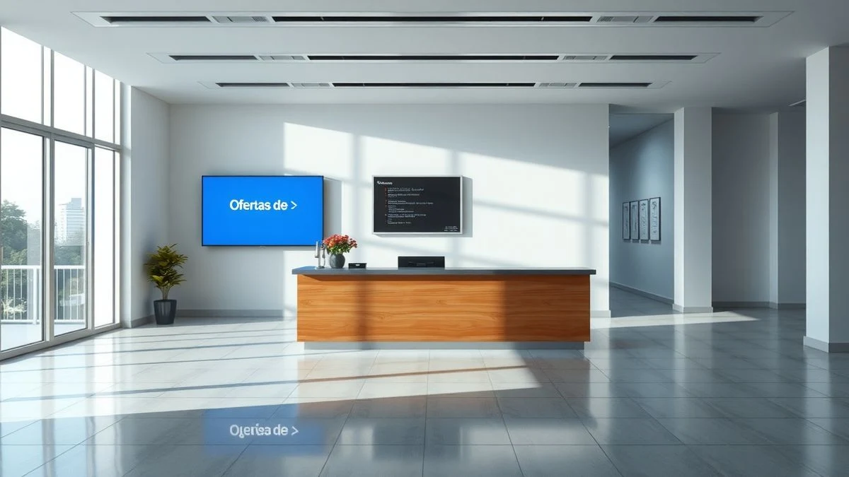 Illustrative image: a modern empty office lobby with a digital job offers panel on the wall.