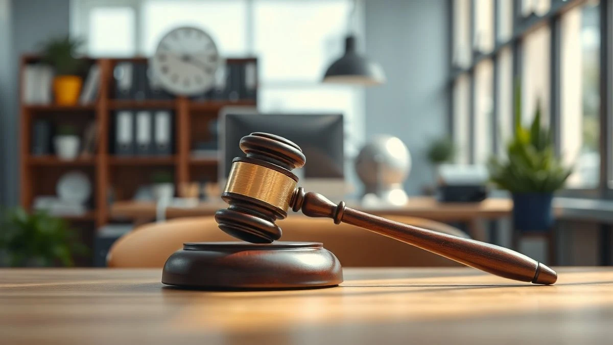 Judge's gavel on wooden table with blurred tech office background