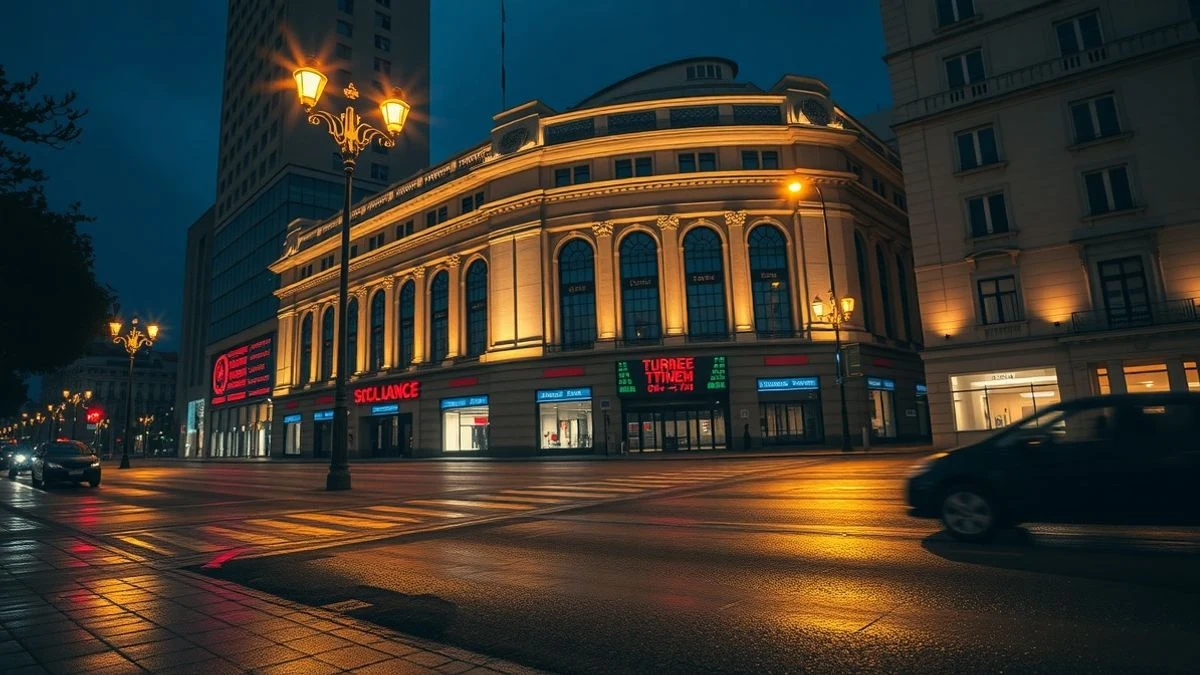 Night facade of the Ho Chi Minh Stock Exchange with neon lights and a digital quotes panel