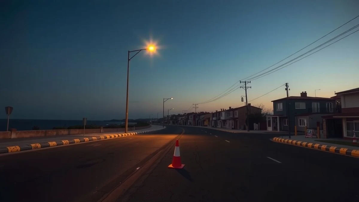 Illustrative image: empty street of a coastal town at sunset, with a diversion barrier and a lit streetlight.