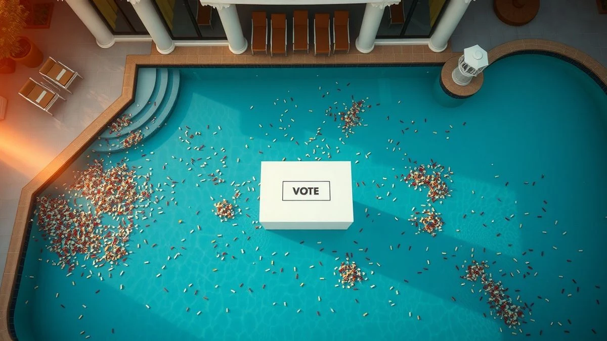 Aerial view of a mansion pool with a floating ballot box and confetti at sunset