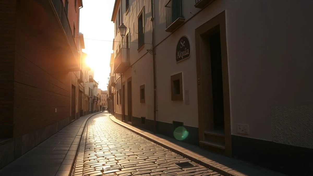 Illustrative image: narrow street in Seville at sunset with long shadows and a 'for rent' sign on a whitewashed facade