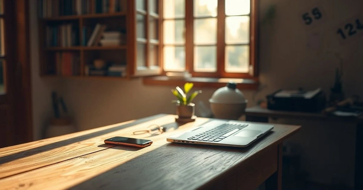 Escritorio con ordenador portátil y smartphone en un pequeño taller u oficina iluminado por luz natural