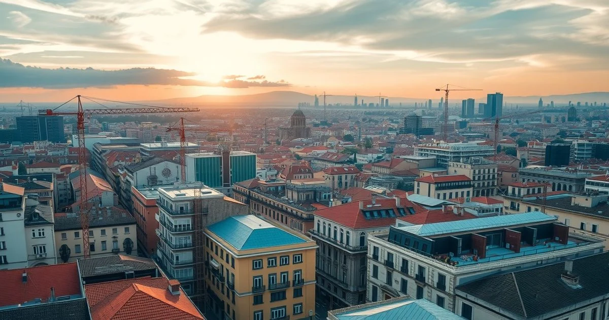 Aerial view of a Spanish city with cranes and construction works at sunset