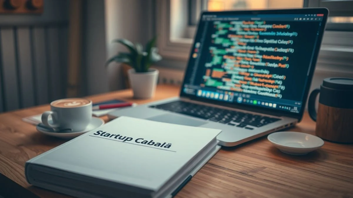 A book titled 'Startup Cabalá' on a wooden table next to a laptop with AI code, a coffee cup, and a small plant, with warm natural light.