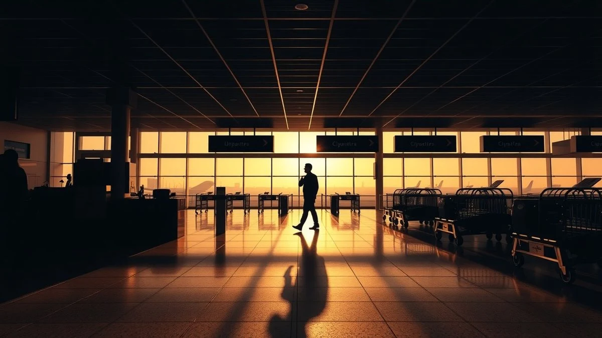 Empty airport with sunset light and long shadows, showing check-in counters and a boarding gate