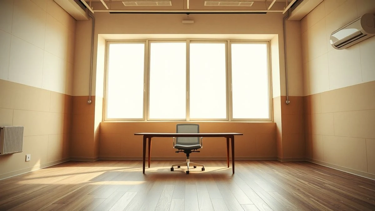Illustrative image: an empty office with a table and a chair, illuminated by natural light.