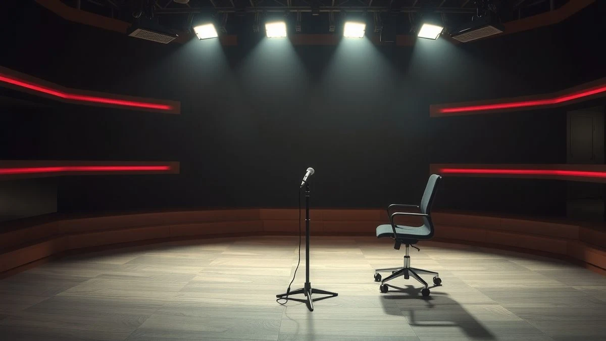 Empty television studio with microphone and chair, dramatic lighting
