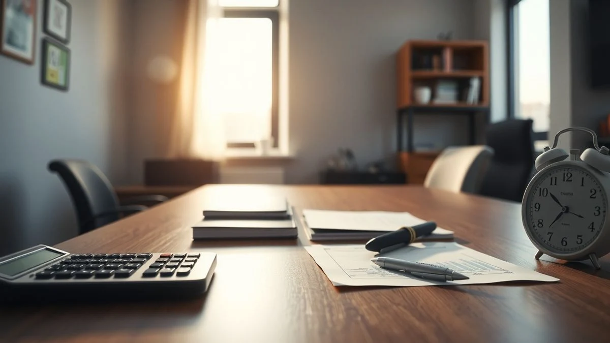 Empty office desk with calculator, document and pen, soft afternoon light