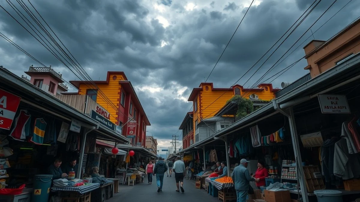 Informal market on the streets of Buenos Aires with makeshift stalls and cloudy sky