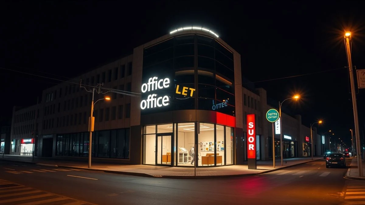 Illustrative image: facade of a modern office building illuminated by neon lights and street lamps at night