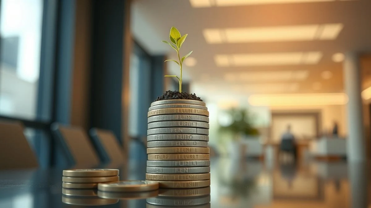 A pile of euro coins with a plant growing on top, blurred office background, natural light