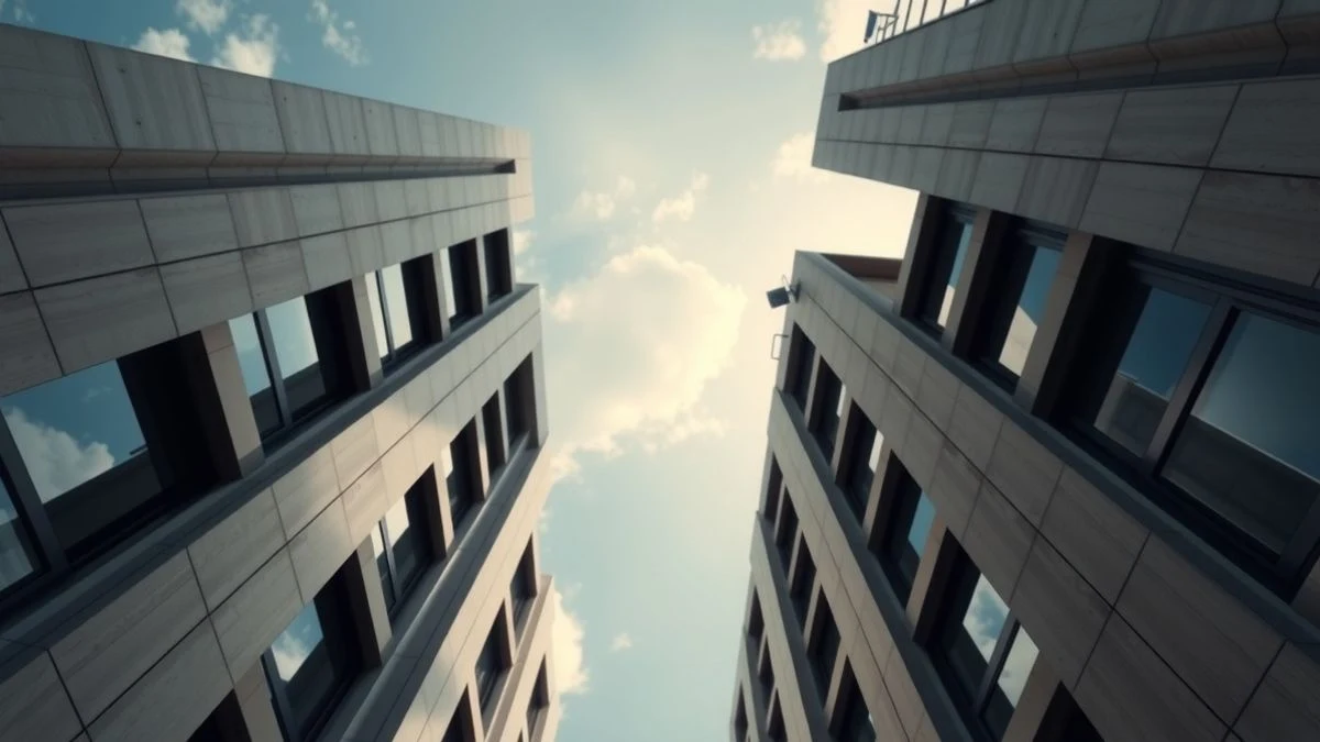 Facade of a modern institutional building viewed from a low angle with sky in the background