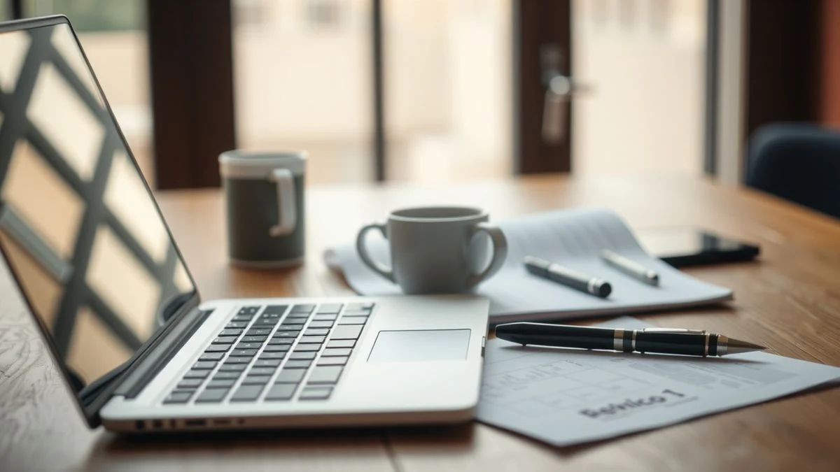 Wooden desk with laptop, coffee cup, and documents, soft natural light