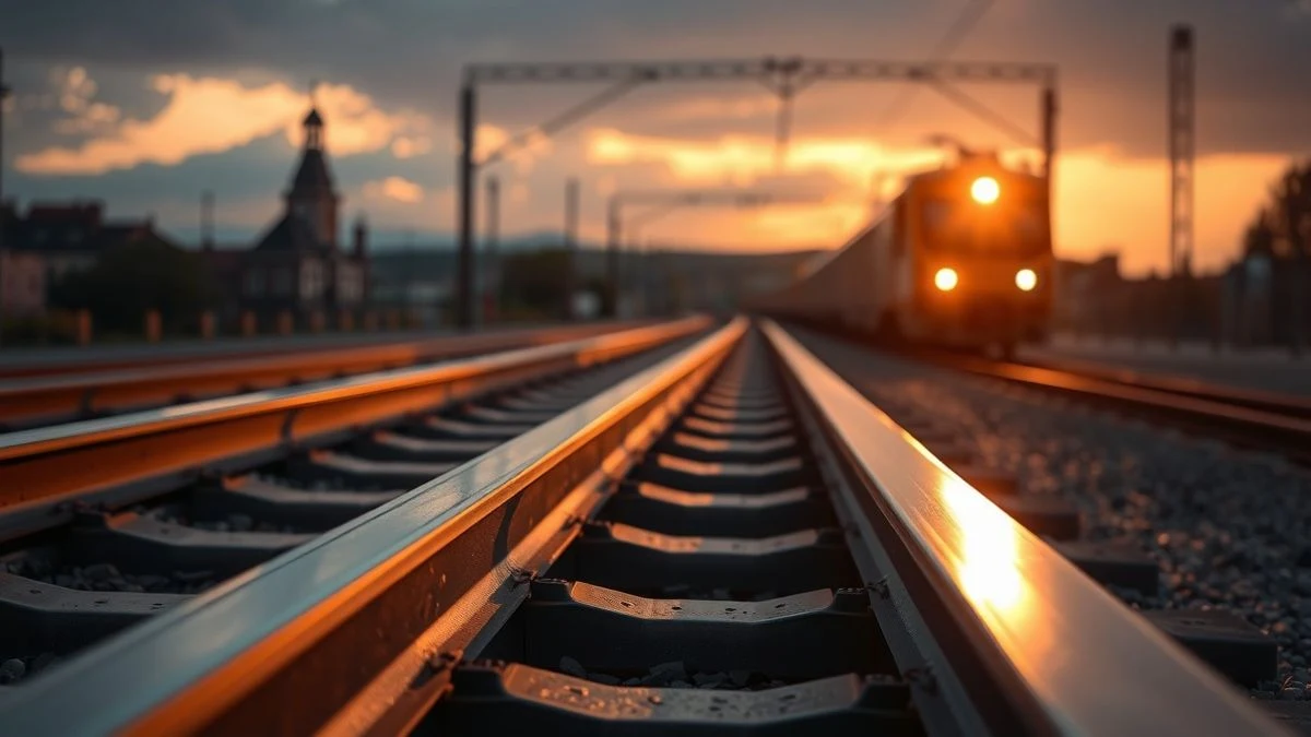 Train track with solar panels installed between the rails at sunset, with a train in the background