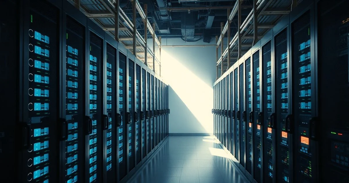 Interior de un centro de datos con servidores iluminados en azul