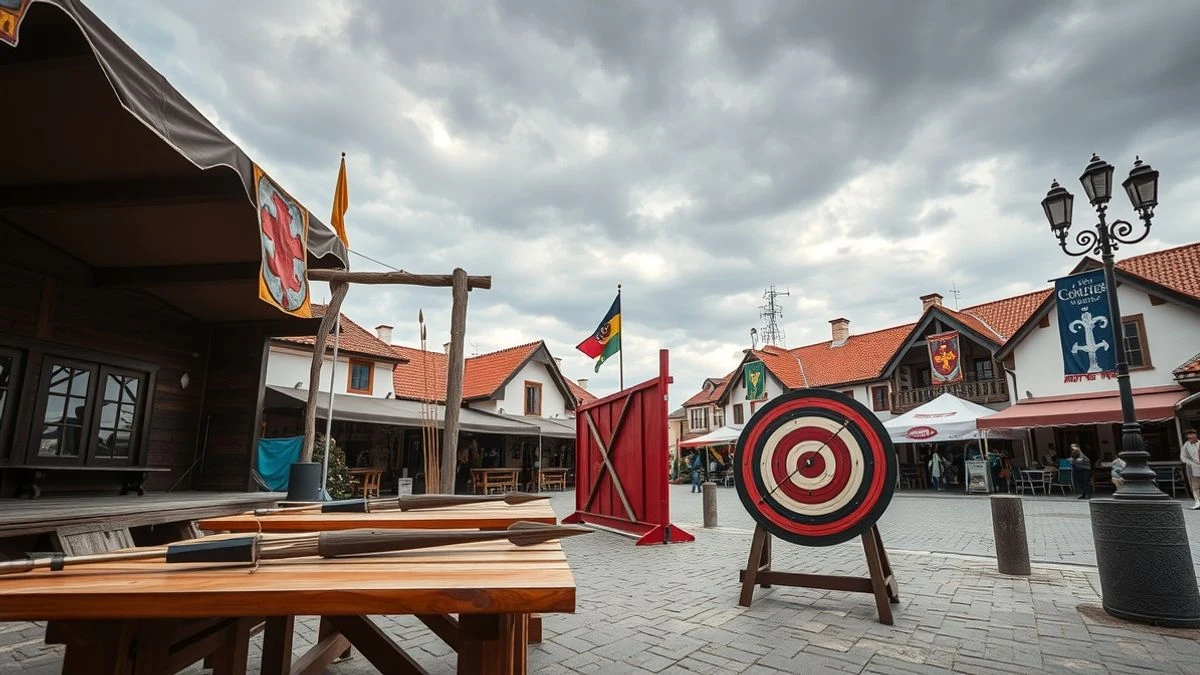 Illustrative image: medieval stage with Celtic instruments and archery in a coastal square at sunset
