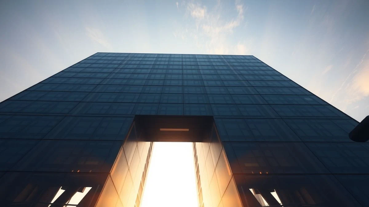Imagen ilustrativa: Edificio de oficinas moderno con fachada de cristal al atardecer, reflejando un paisaje urbano futurista.