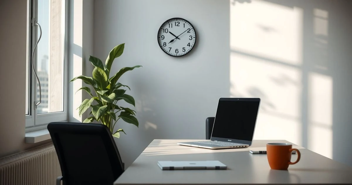 Empty office with laptop, plant, and coffee mug, natural light from window