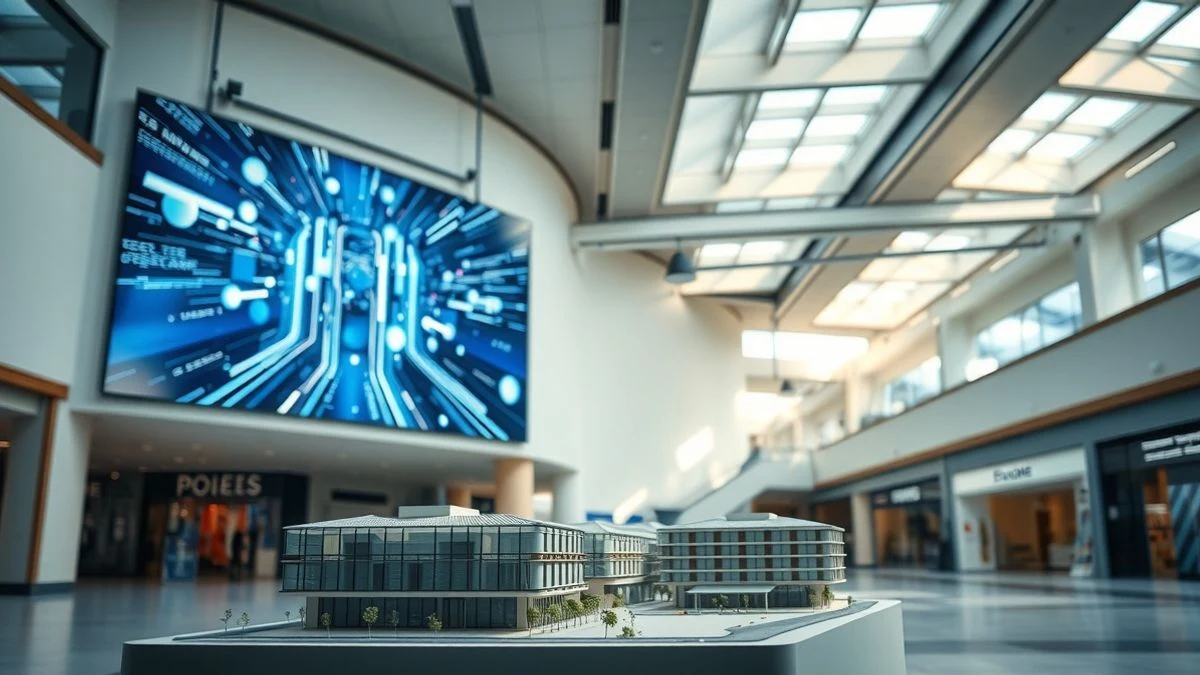 Interior of a modern shopping centre with natural light and a digital screen with abstract graphics, and a building model with green elements in the foreground.