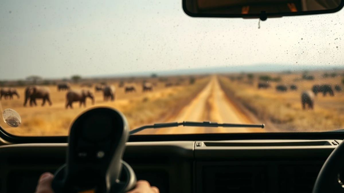 Close-up of a safari vehicle's brake pedal and dashboard, with a blurred savannah landscape in the background