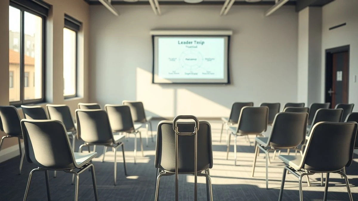Empty training room with chairs in a semicircle and projector screen with leadership diagram