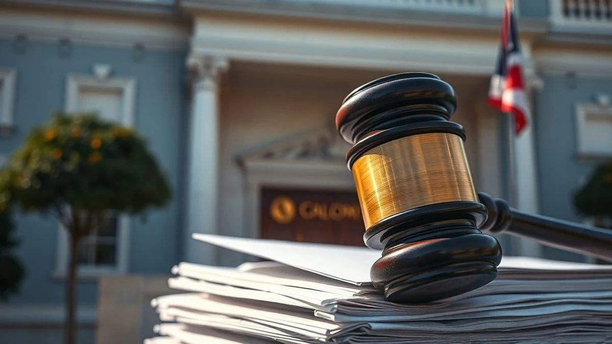 Wooden mallet on official documents with a blurred government building background.