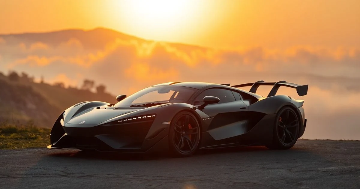 Black electric hypercar on a hill at dawn, featuring carbon fibre details and dramatic lighting.