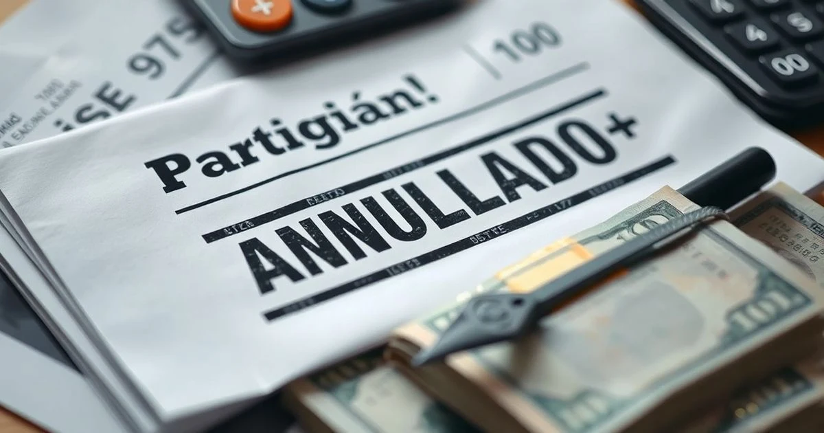 Document with cancelled stamp on a pile of banknotes on a table with calculator