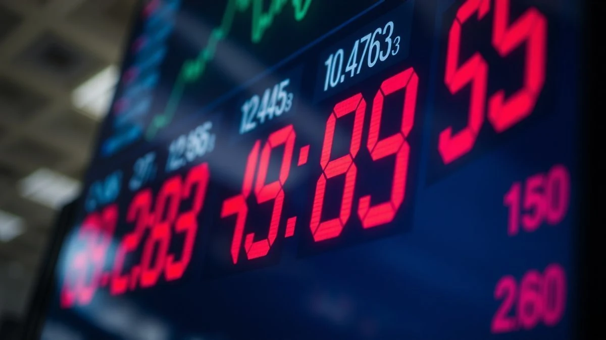 Stock market quotes screen with red numbers, blurred background of trading room