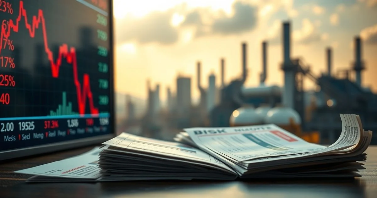 Stock panel with CSE25 index and red downward arrow, alongside stock certificates and a calculator