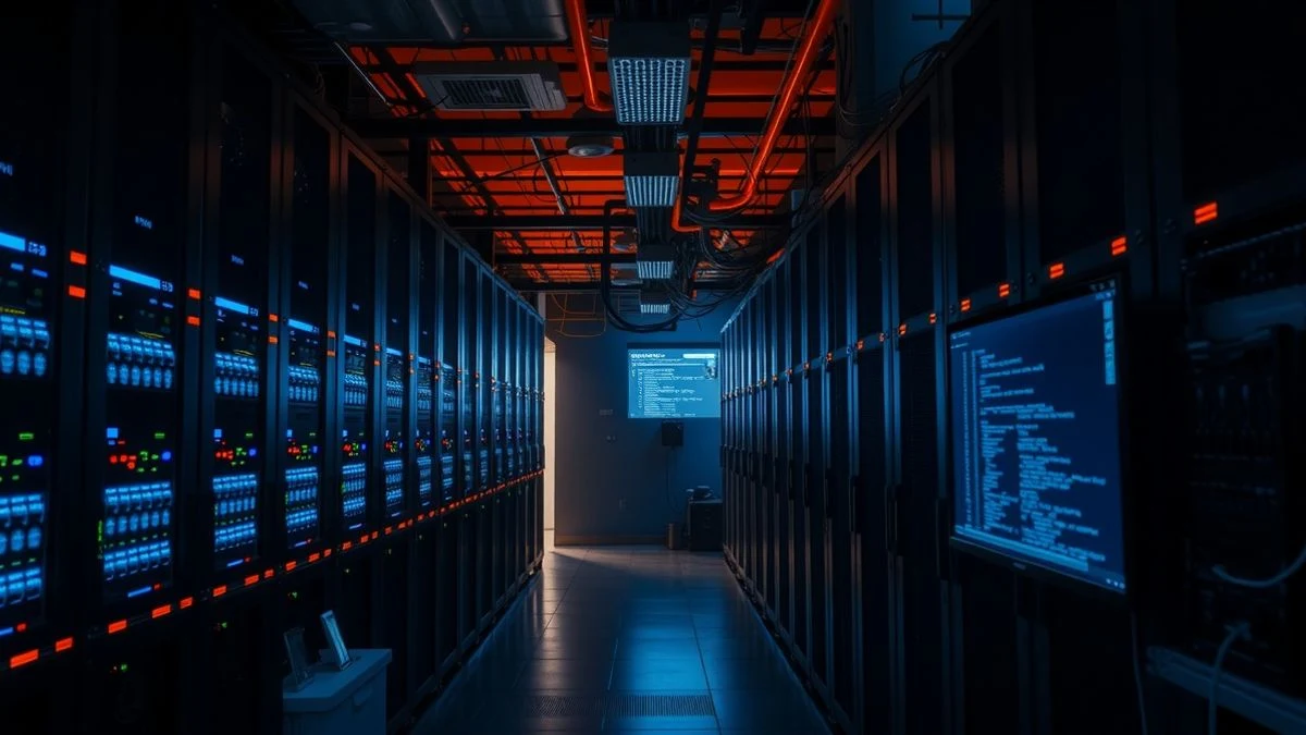 Illustrative image: server room with night LED lights, server racks, and a monitor with code