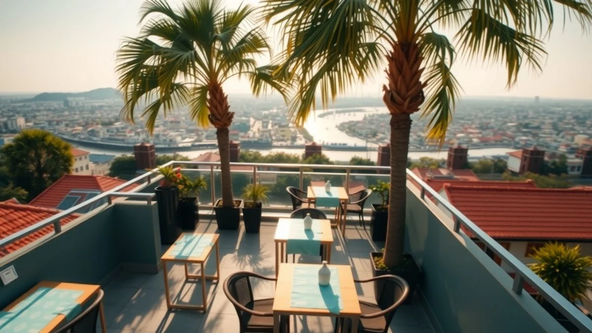 Aerial view of a restaurant terrace in Da Nang, Vietnam, with tables and chairs, palm trees, and the city in the background