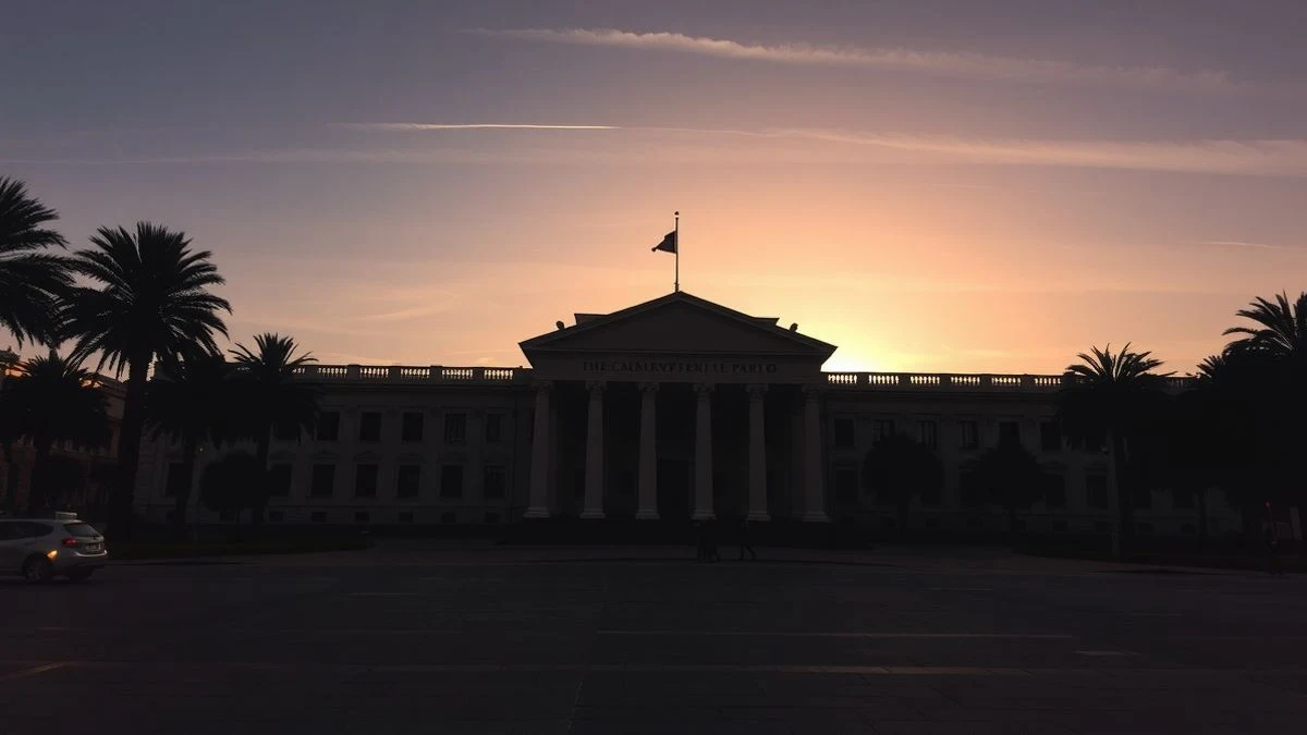 Illustrative image: facade of a generic institutional building at sunset, with backlighting and long shadows, without people or identifiable elements