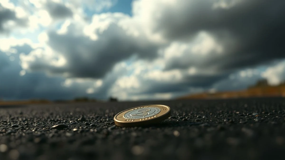Bitcoin coin on a dark surface with a cloudy sky in the background, low angle