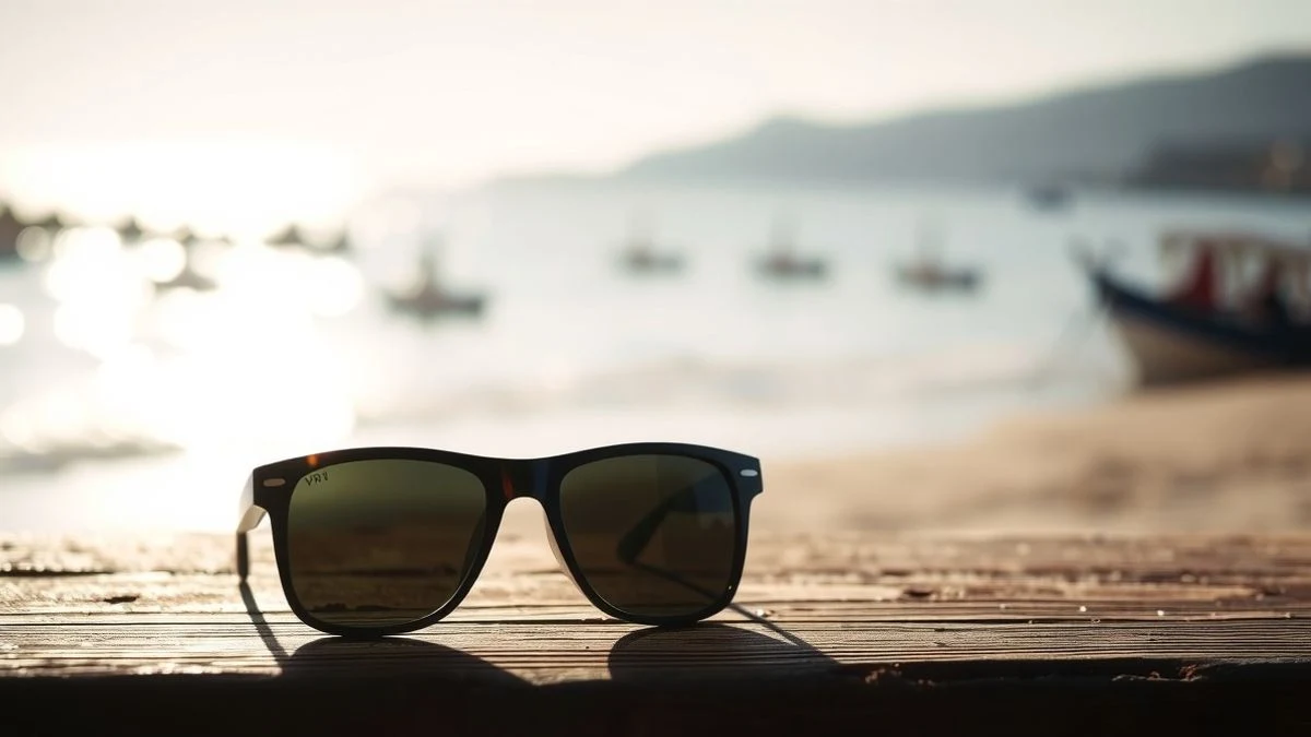 Illustrative image: sunglasses on a wooden table with a Mediterranean beach sunset background.