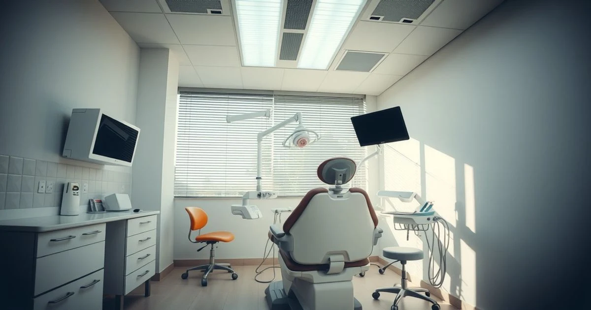 Interior of an empty dental clinic with dental equipment