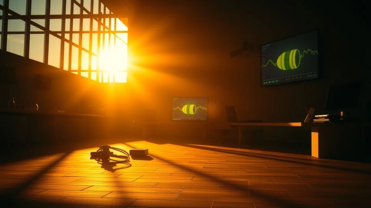Empty trading room at sunset with long shadows and off stock screens