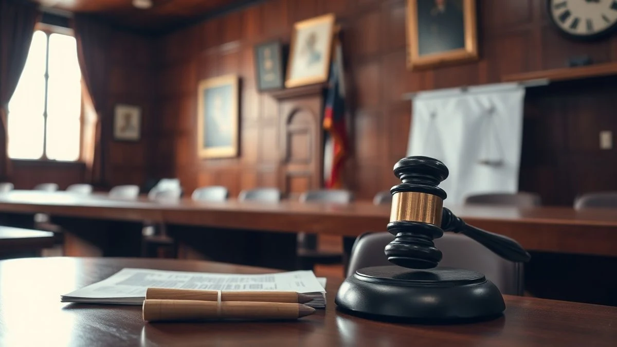 Courtroom bench with gavel and legal documents, dramatic natural light, empty room