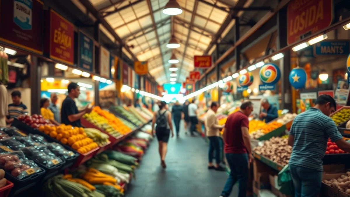 Food market in Bogotá with fruit and vegetable stalls, dramatic natural light