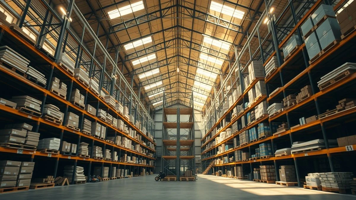 Interior of a construction materials warehouse with metal shelves and natural light