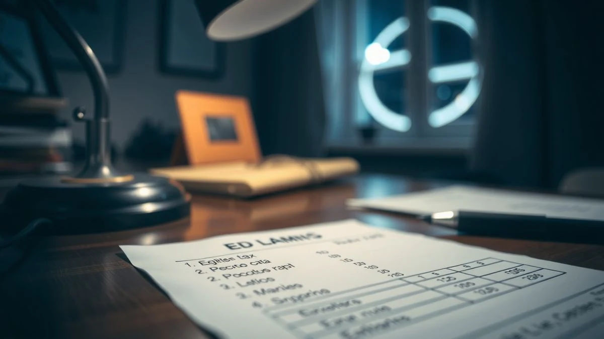 Illustrative image: a tax document and a pen on a wooden table illuminated by a desk lamp at night.