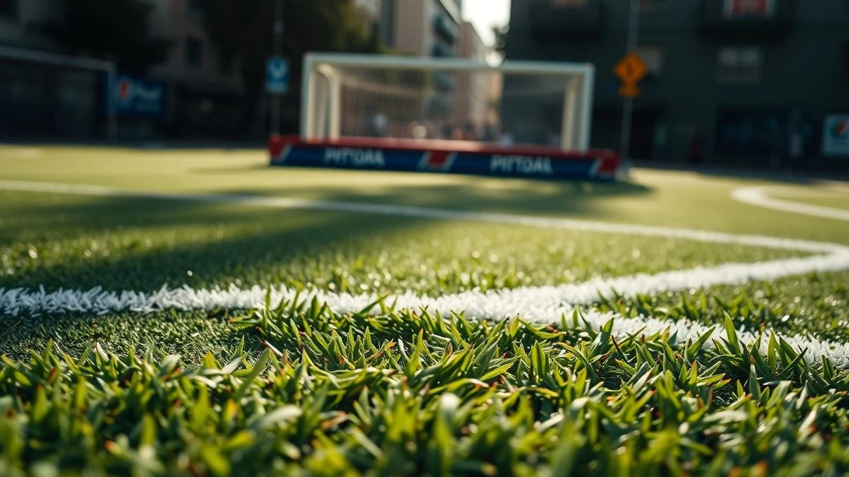Detail of synthetic grass on a football pitch with white lines, blurred silhouettes of mascots in the background
