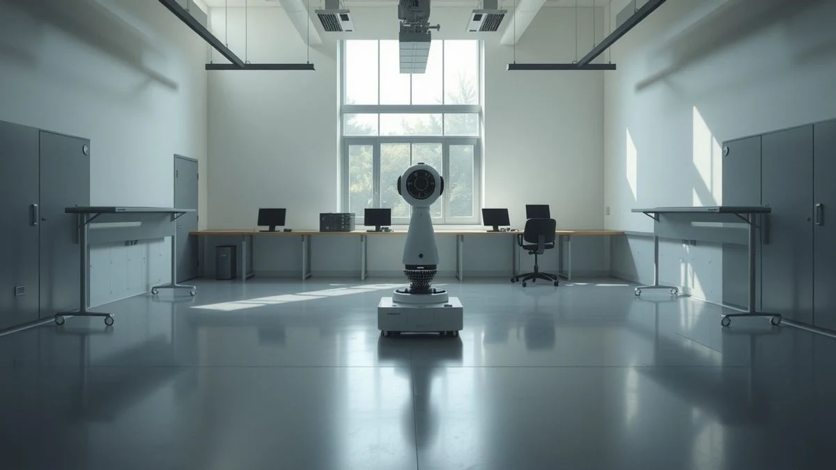 Illustrative image: an empty robotics lab with a robotic arm in the background, illuminated by natural light