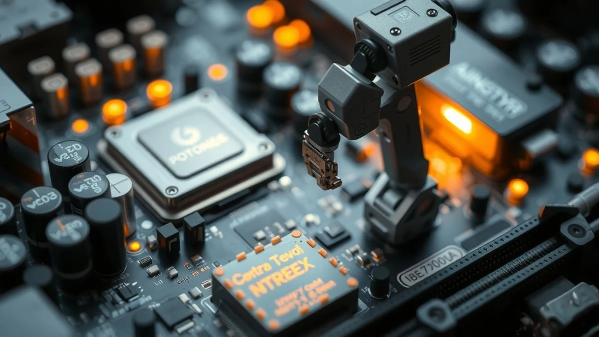 Illustrative image: close-up of a computer motherboard with illuminated circuits and a small robotic arm